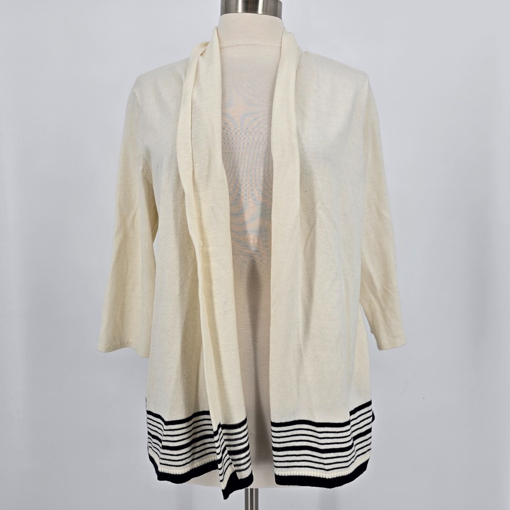 Talbots Petites Sz XLP Cardigan Open Front Ivory w Black Stripe Cashmere Blend